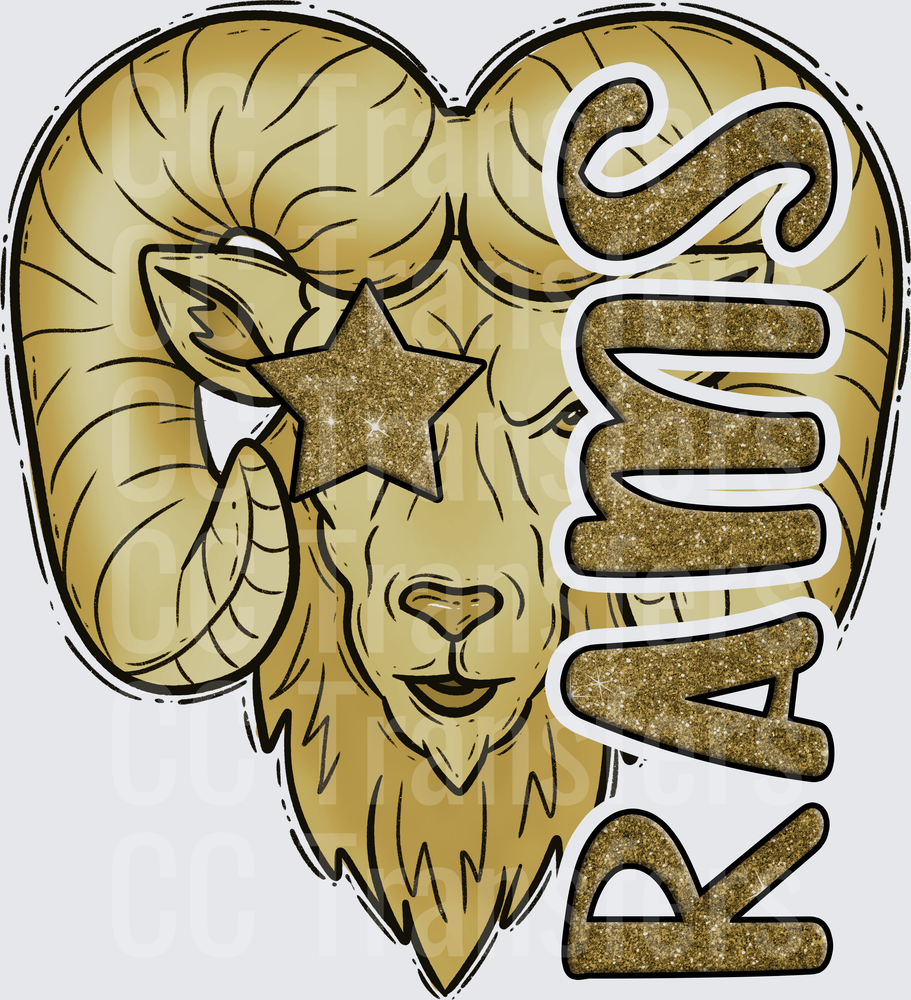 Gold Glitter Ram Head Heart with Star Rams Text (DTF)