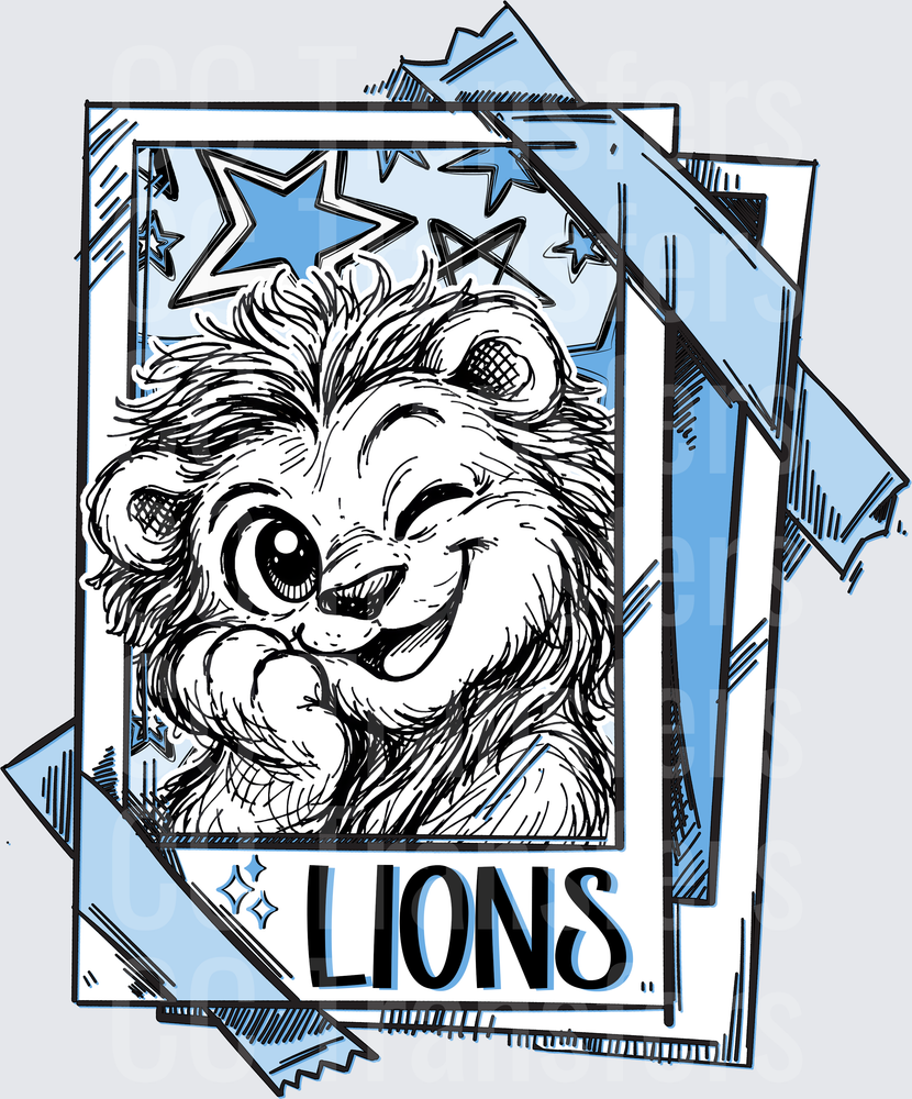 Cute Winking Lion Cub Mascot Blue Stars Polaroid Frame (DTF)