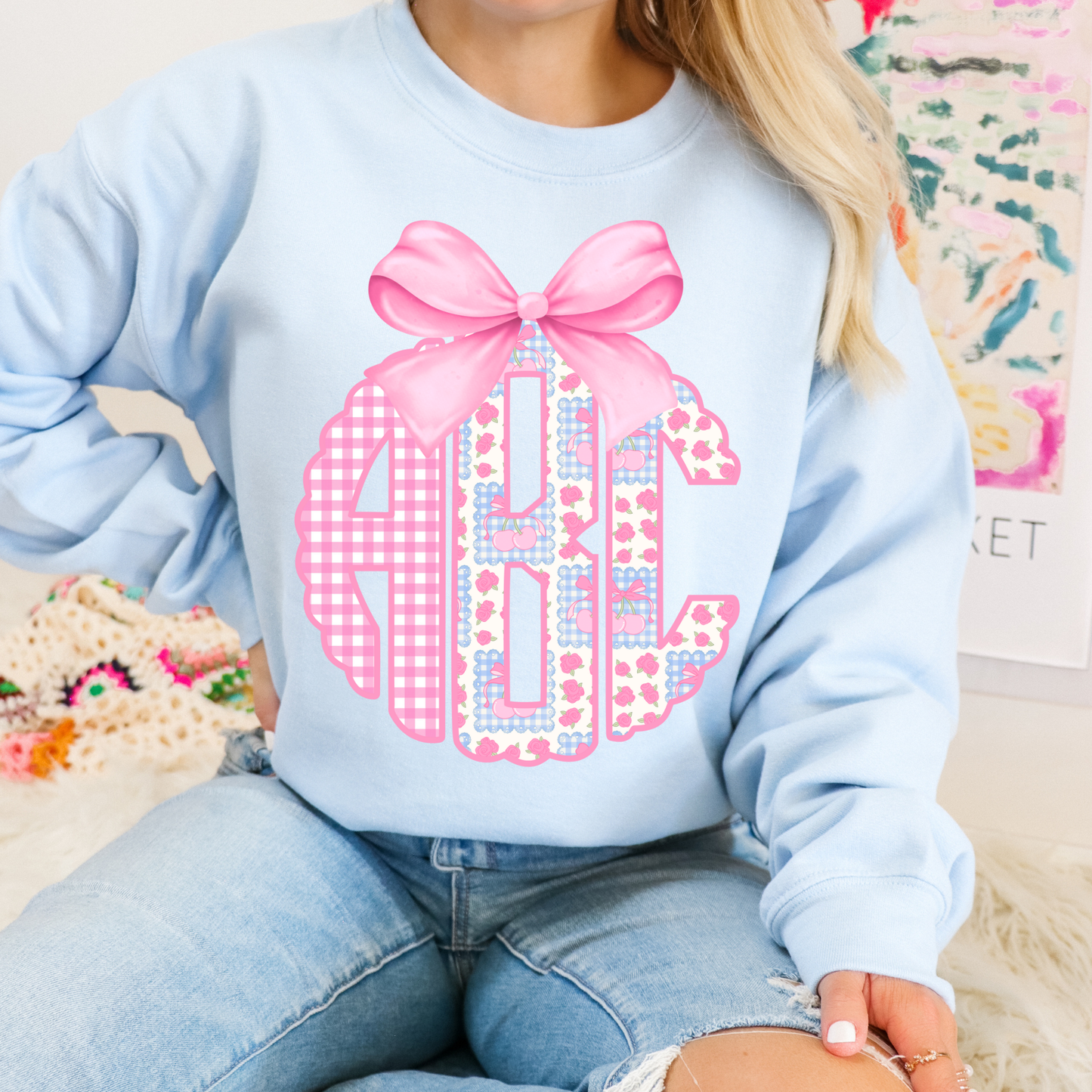 Pink Scalloped Cherry Patchwork - Custom Monogram Transfer
