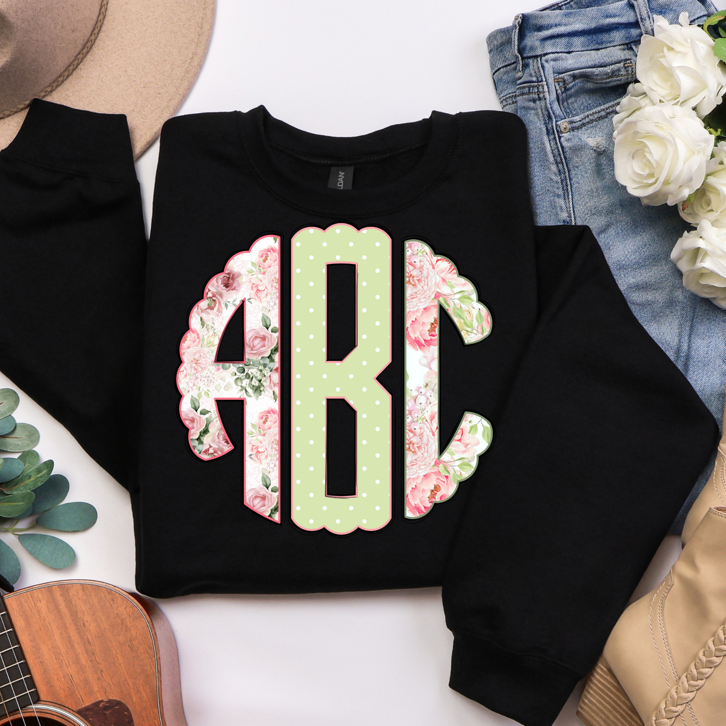 Pink & Mint Green Polkadot Floral - Custom Monogram Transfer