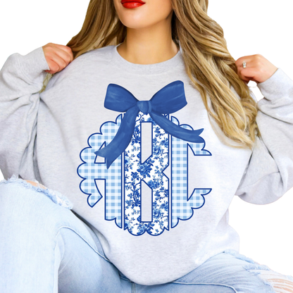 Blue Gingham Floral Plaid- Custom Monogram Transfer