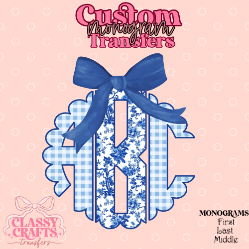 Blue Gingham Floral Plaid- Custom Monogram Transfer