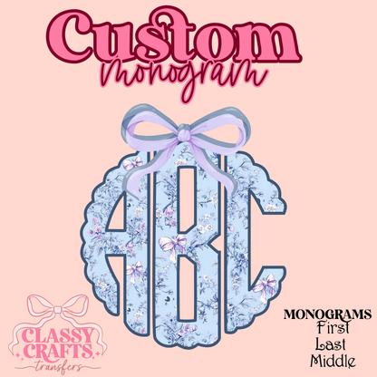Light Blue Coquette Floral - Custom Monogram Transfer