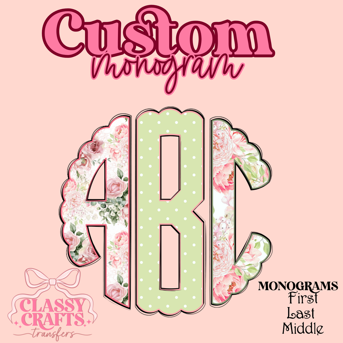 Pink & Mint Green Polkadot Floral - Custom Monogram Transfer