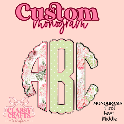 Pink & Mint Green Polkadot Floral - Custom Monogram Transfer