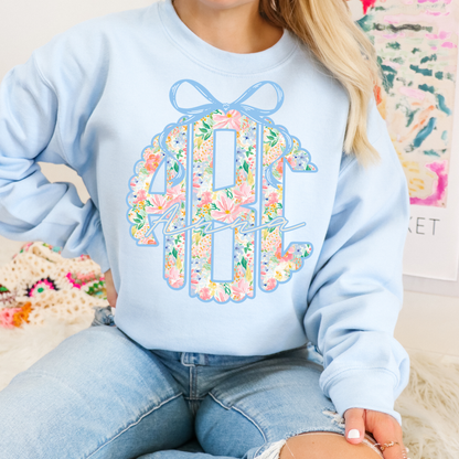 Preppy Blue Bow Floral - Custom Monogram Transfer