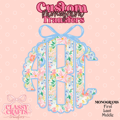 Preppy Blue Bow Floral - Custom Monogram Transfer