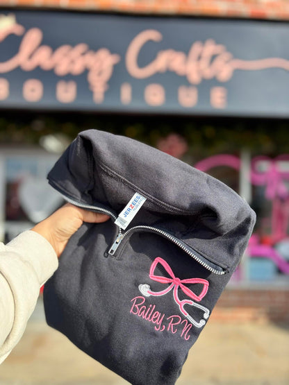 Pink Bow Stethoscope Quarter Zip - Black