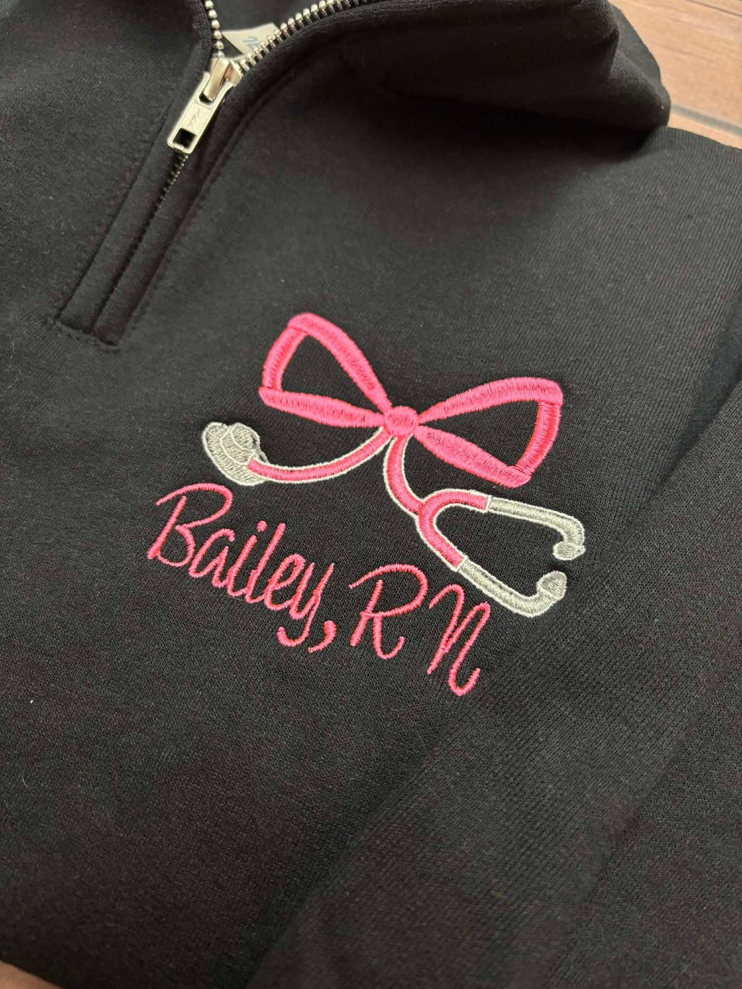 Pink Bow Stethoscope Quarter Zip - Black