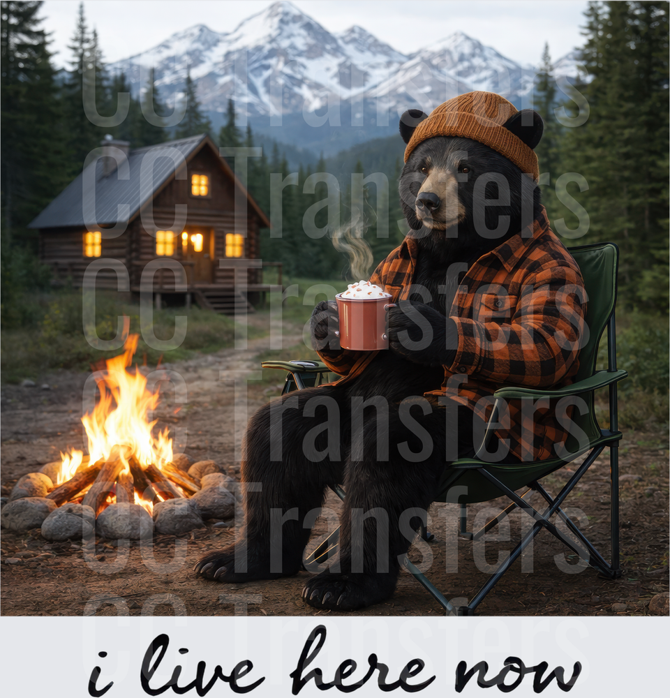 Black Bear Campfire Cozy Cabin Mountains I Live Here Now (DTF)