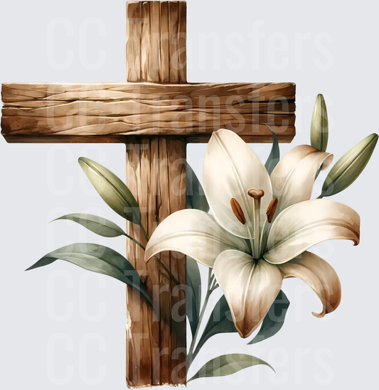 Rustic Wooden Cross with White Easter Lily Watercolor (DTF)
