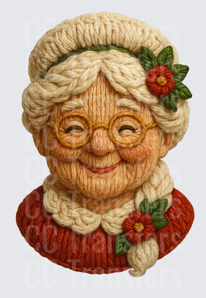 Cozy Knitted Grandma Face with Glasses and Flowers (DTF)