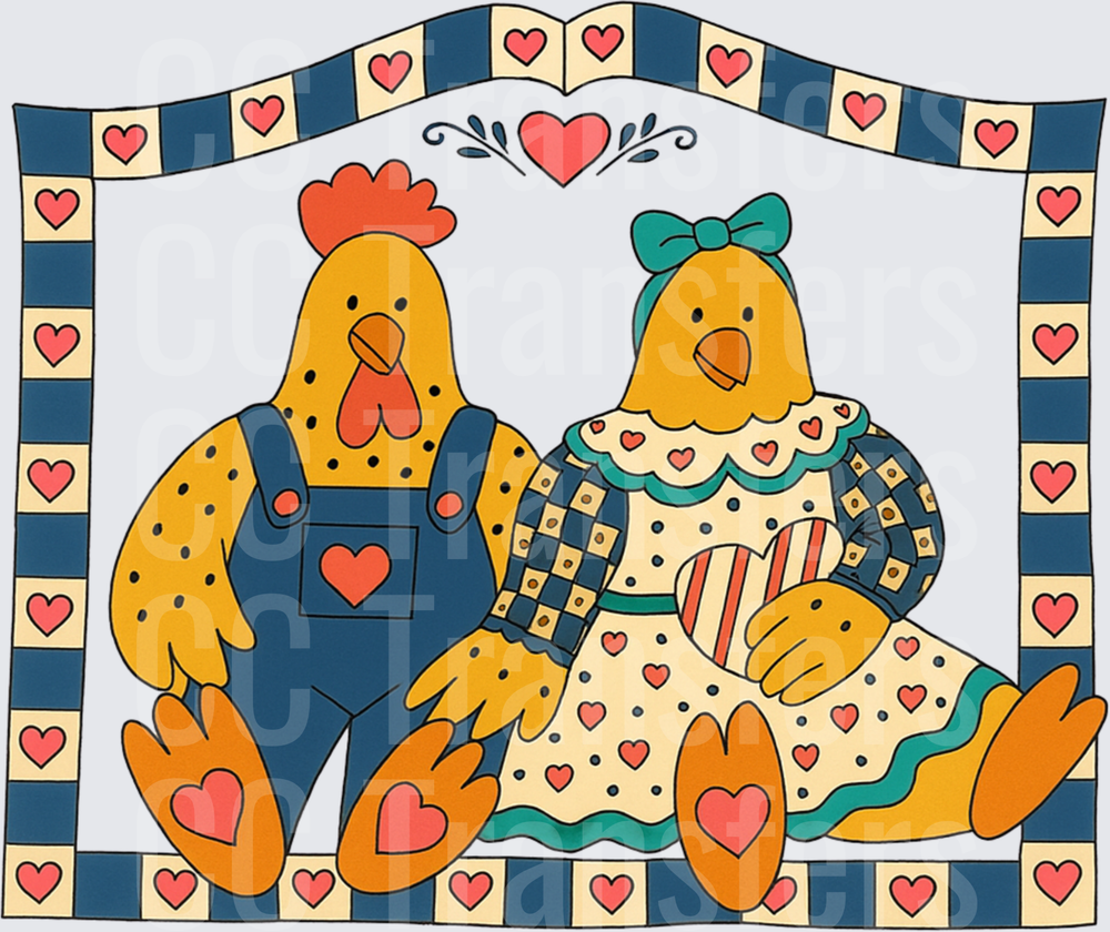 Country Rooster & Hen Couple Folk Art Hearts (DTF)
