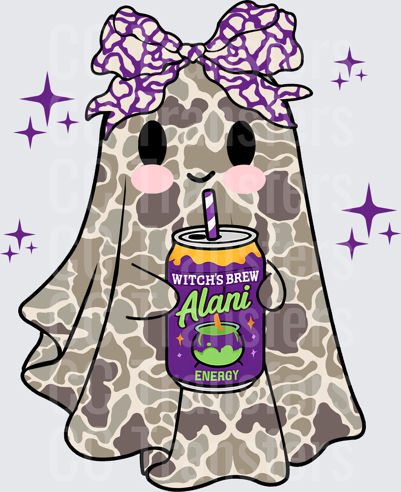 Camo Ghost Girl with Halloween Energy Drink & Bow (DTF)