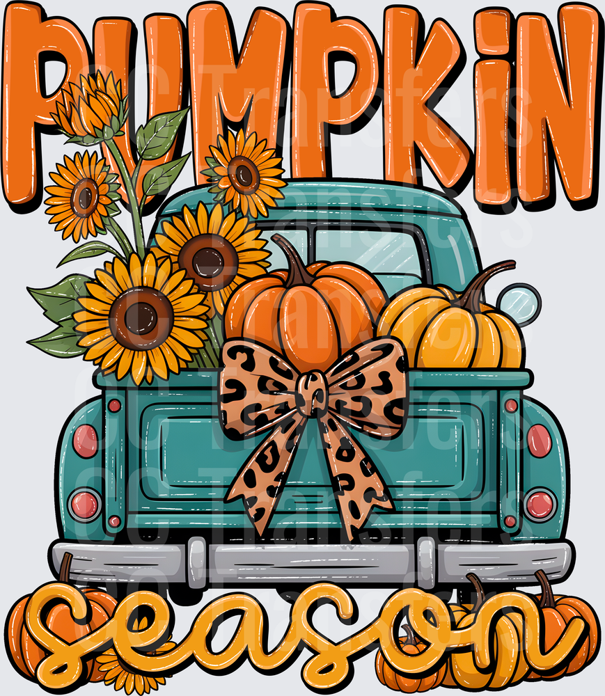 Pumpkin Season Vintage Teal Truck Sunflowers Leopard Bow (DTF)