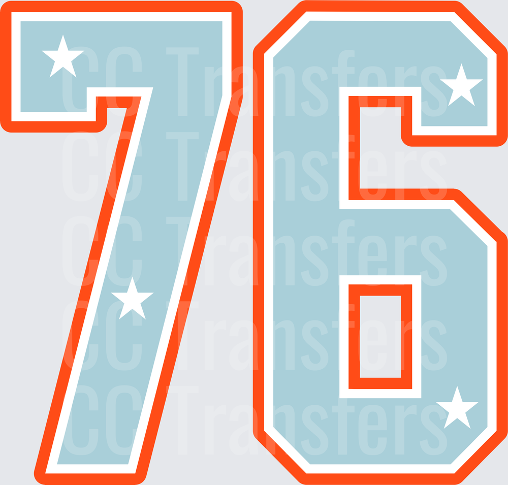Varsity Number 76 Light Blue Orange Stars Athletic (DTF)