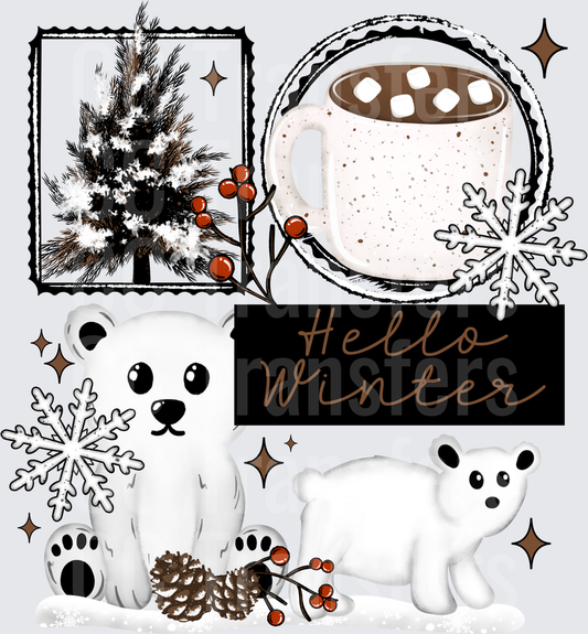 Hello Winter Polar Bears Hot Cocoa Snow Scene (DTF)