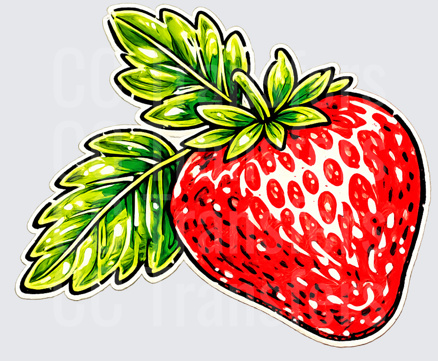Bold Illustrated Red Strawberry with Green Leaves (DTF)