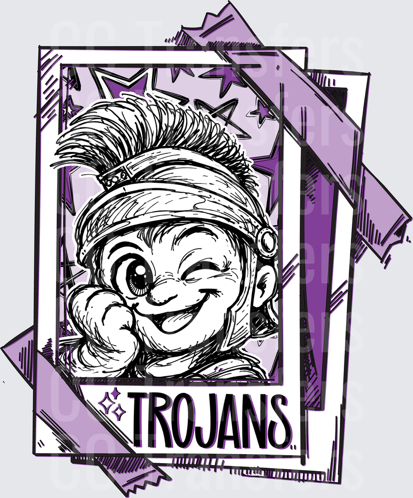 Trojans Mascot Cartoon Warrior Polaroid Purple Stars (DTF)