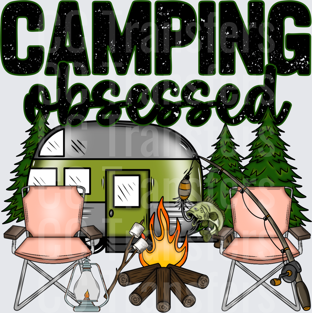 Camping Obsessed Camper Trailer Campfire Fishing Scene (DTF)