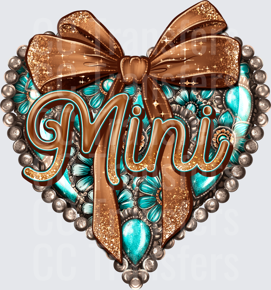 Teal Floral Glitter Heart with Brown Bow Mini (DTF)