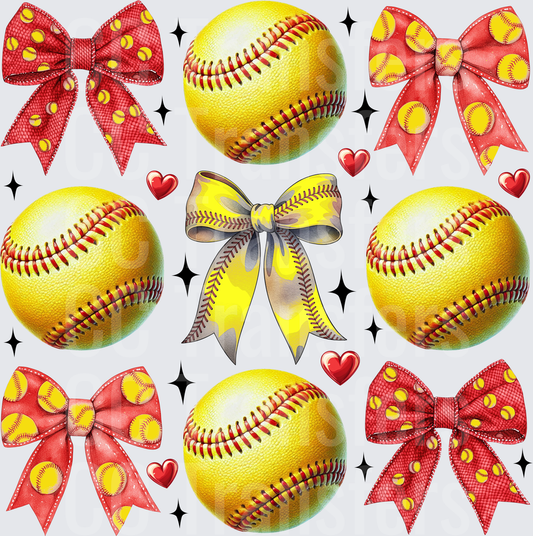 Softball Bows Hearts Sparkle Pattern Collage (DTF)