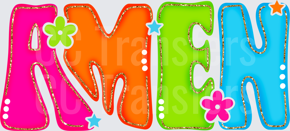Colorful Bold AMEN Letters Gold Glitter Outline Floral Stars (DTF)