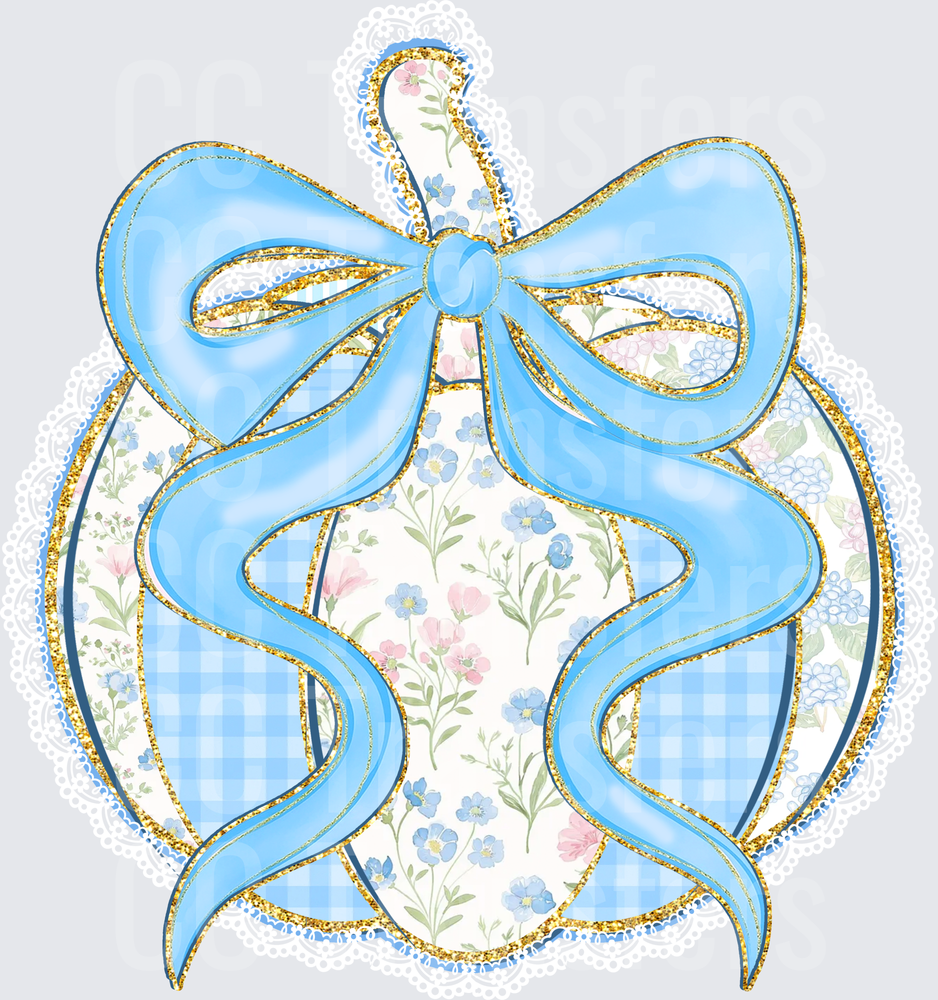 Blue Coquette Bow Floral Gingham Gold Glitter Ornament (DTF)