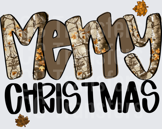 Merry Christmas Camo Tree Bark Leaves Typography (DTF)