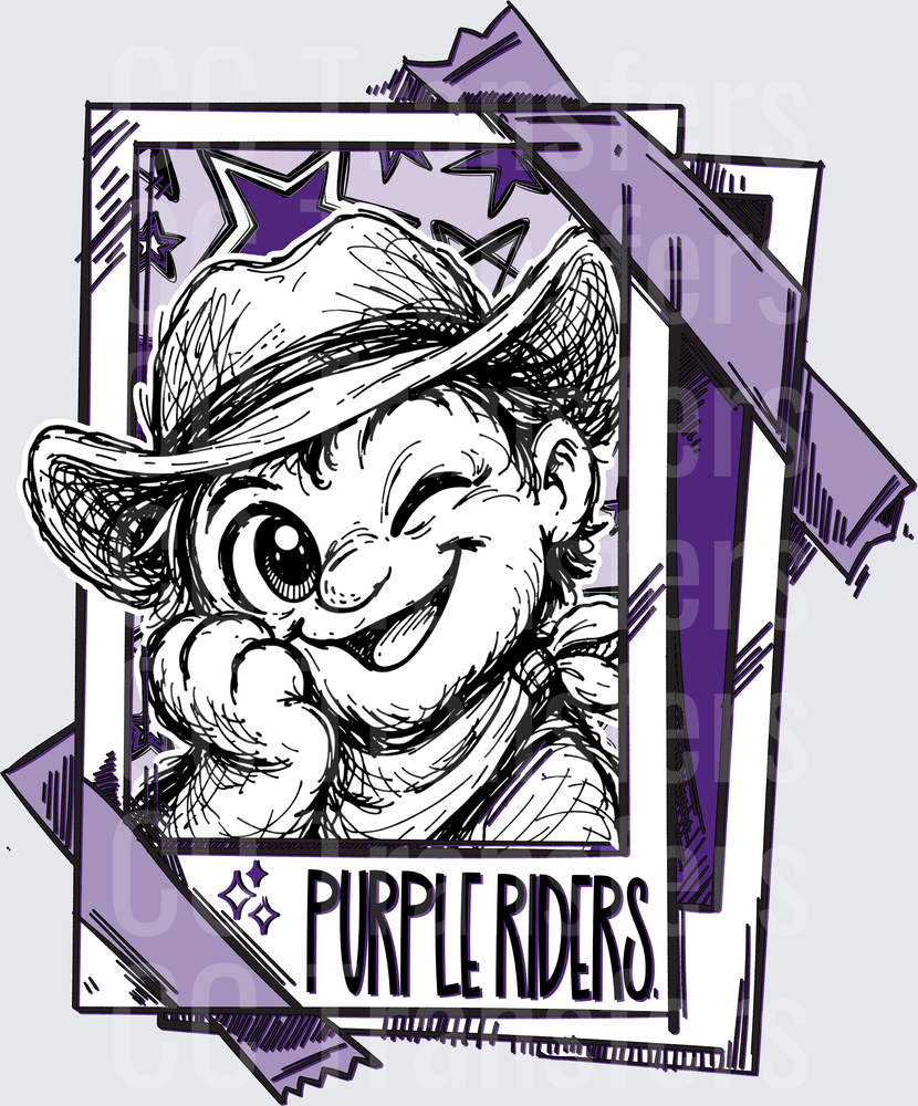 Smiling Cartoon Cowboy Sketch Purple Riders Framed Badge (DTF)
