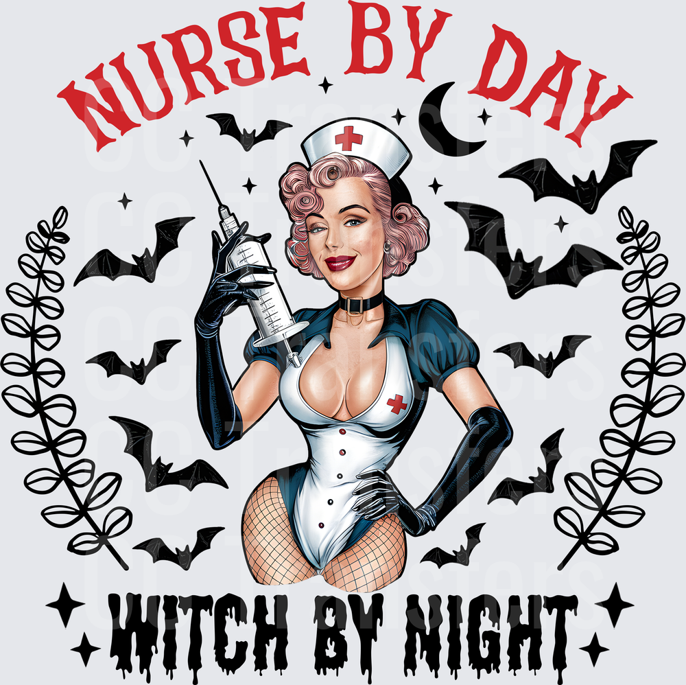 Nurse By Day Witch By Night Pin-Up Halloween Bats (DTF)