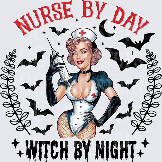 Nurse By Day Witch By Night Pin-Up Halloween Bats (DTF)