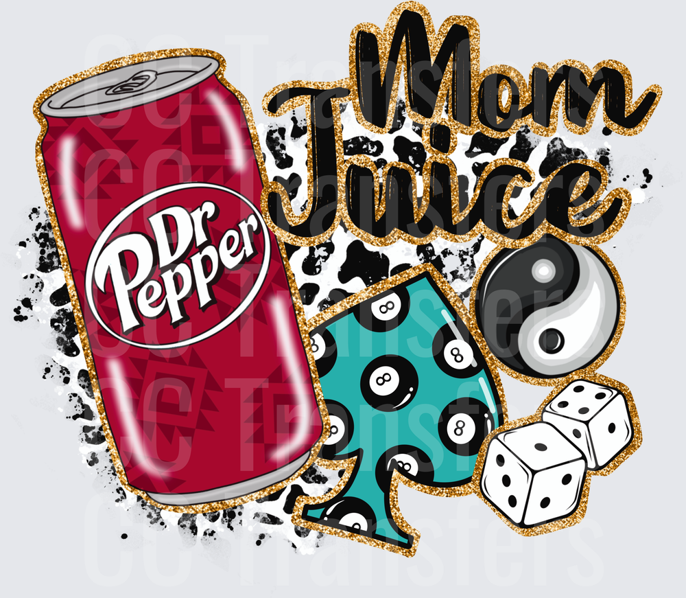 Mom Juice Soda Can 8-Ball Dice Yin Yang Gold Glitter (DTF)