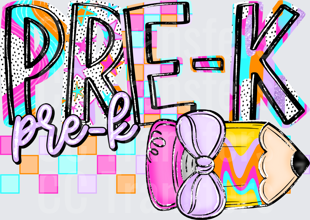 Colorful Pre-K Bold Letter Design with Pencil and Bow (DTF)