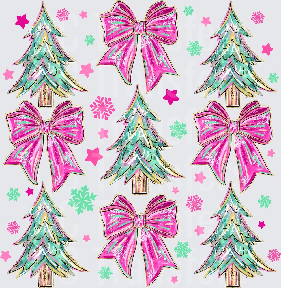 Preppy Pink Bow Christmas Trees Snowflakes Stars (DTF)