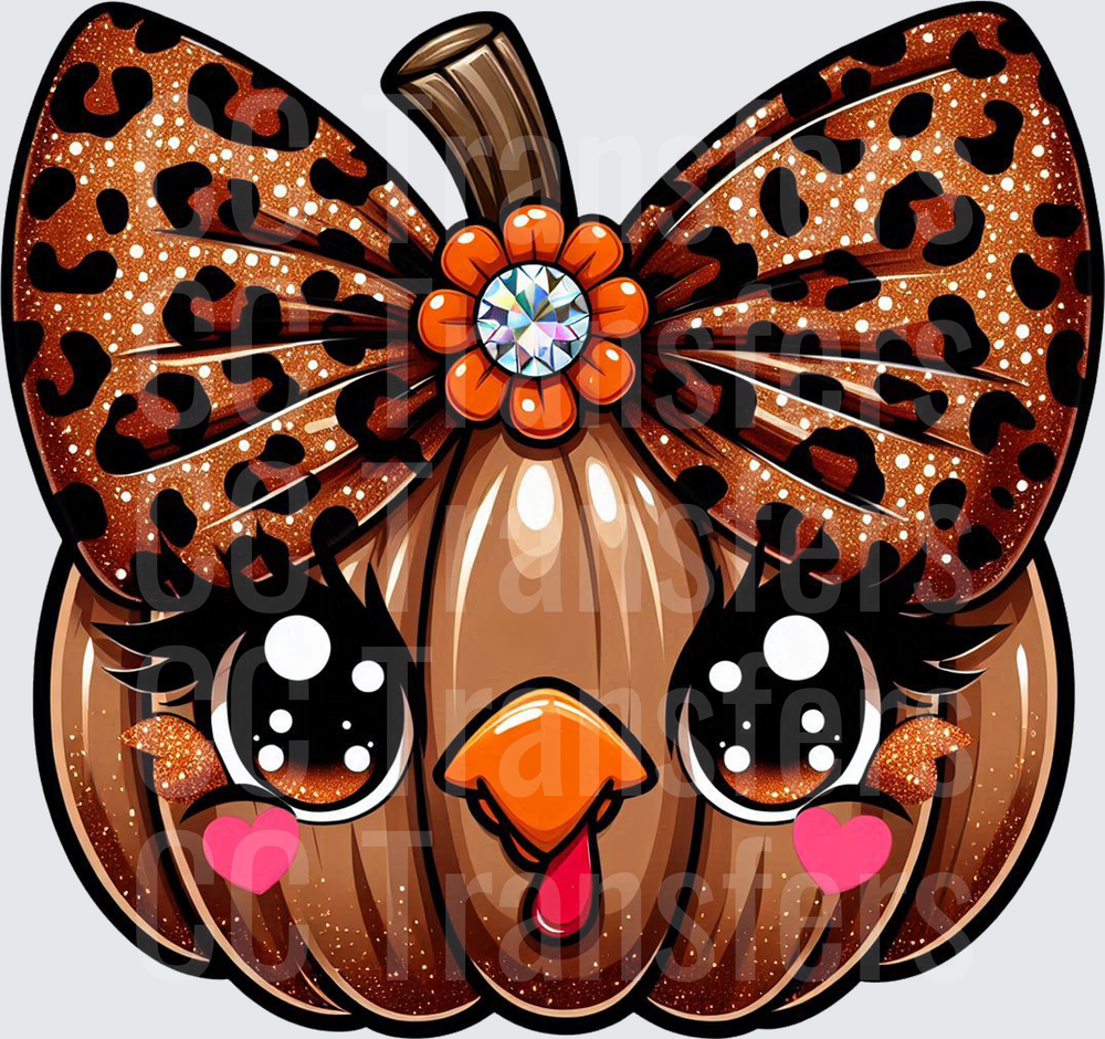 Cute Turkey Pumpkin Face Leopard Bow Glitter Fall (DTF)