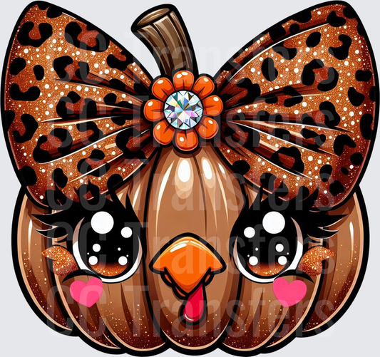 Cute Turkey Pumpkin Face Leopard Bow Glitter Fall (DTF)