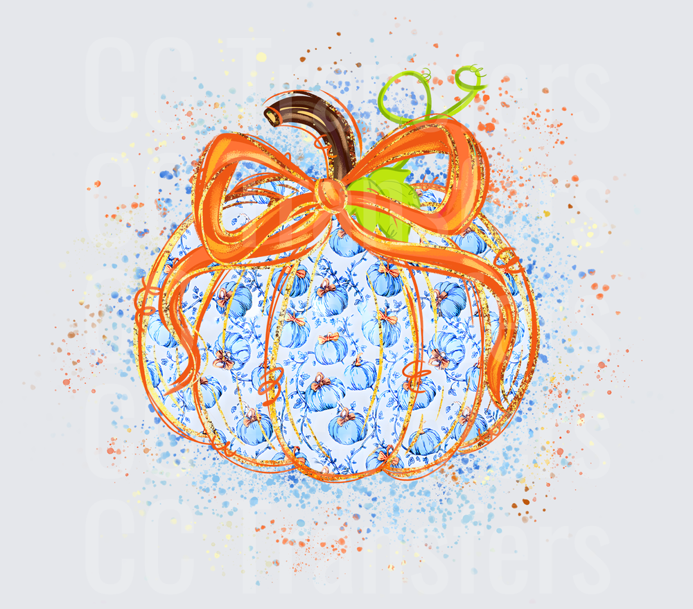 Blue Chinoiserie Pumpkin with Orange Glitter Bow (DTF)