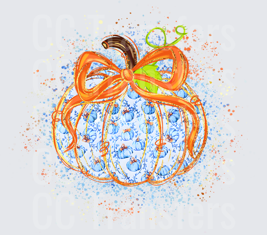 Blue Chinoiserie Pumpkin with Orange Glitter Bow (DTF)