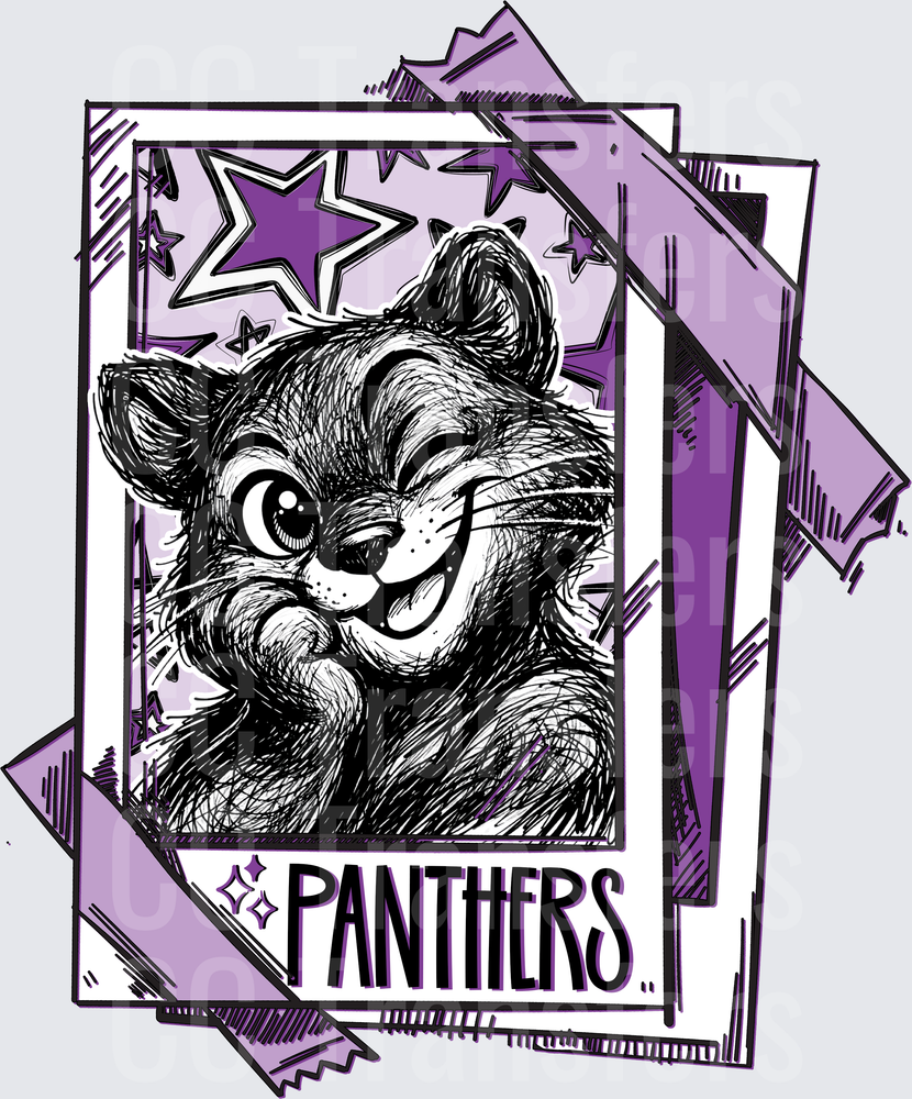 Smirking Panther Mascot Polaroid Purple Stars (DTF)