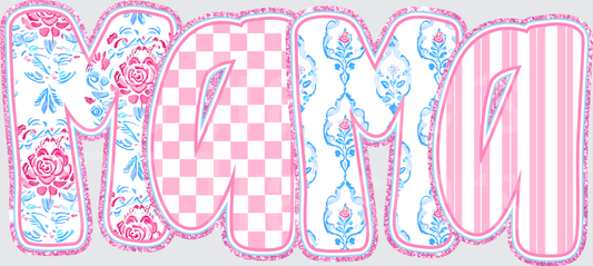 Mama Pink Blue Patchwork Floral Checkered Letters (DTF)