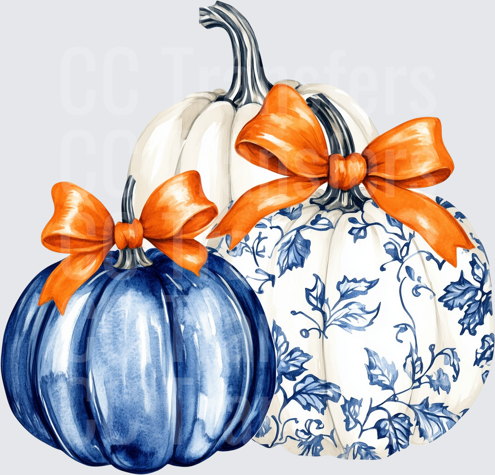 Watercolor Blue Pumpkins with Orange Bows Fall Trio (DTF)
