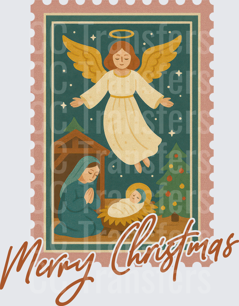 Merry Christmas Nativity Scene Vintage Stamp Angel (DTF)