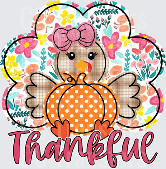 Thankful Girl Turkey Floral Pumpkin Thanksgiving (DTF)