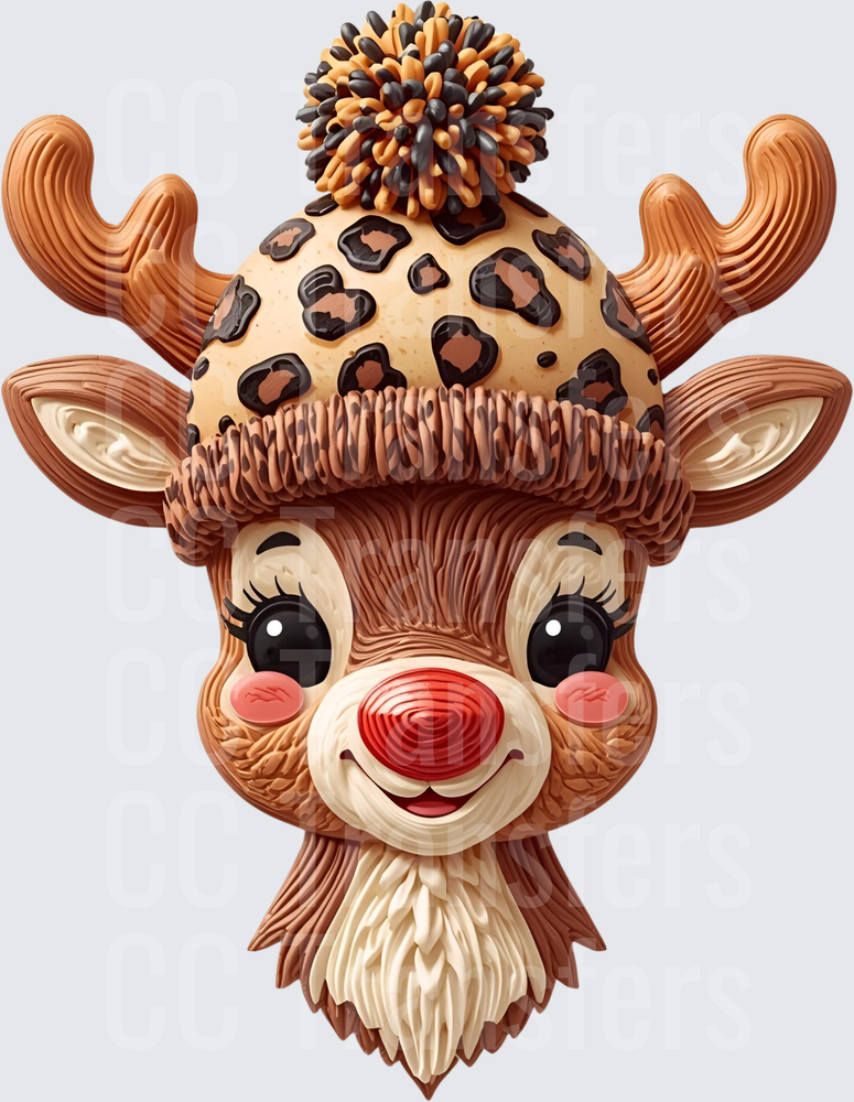 3D Clay Reindeer Red Nose Leopard Print Pom Beanie (DTF)