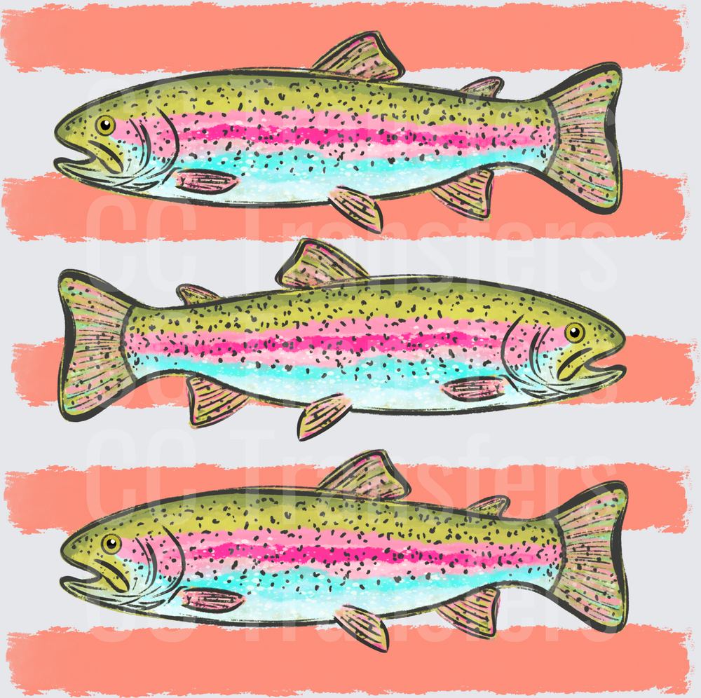 Three Rainbow Trout Illustrated Coral Stripe Pattern (DTF)