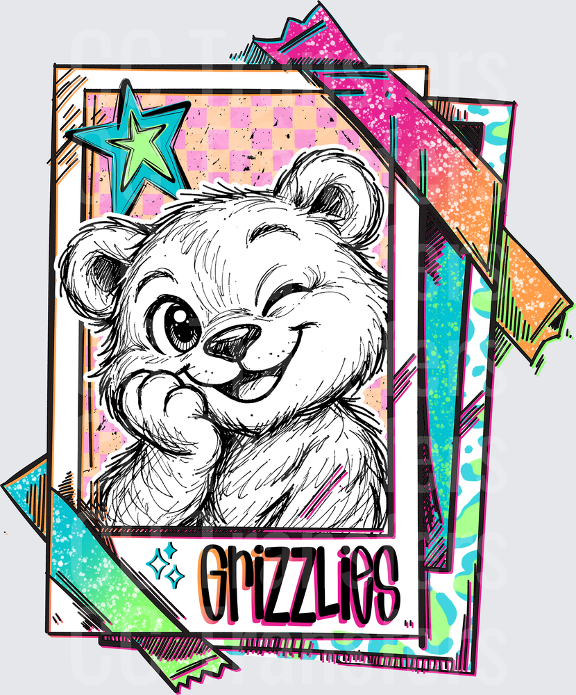 Cute Winking Bear Mascot Retro Colorful Grizzlies (DTF)
