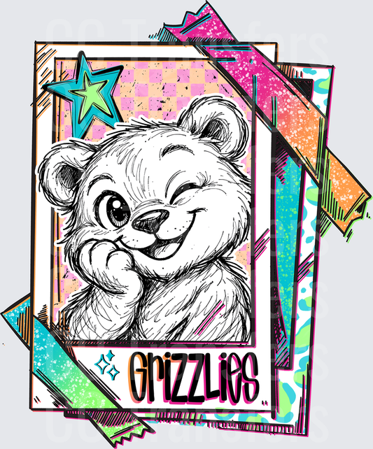 Cute Winking Bear Mascot Retro Colorful Grizzlies (DTF)