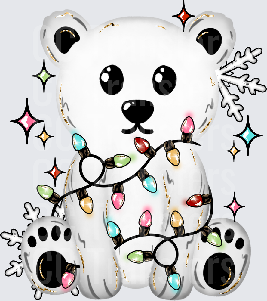 Cute Polar Bear Wrapped in Colorful Christmas Lights (DTF)