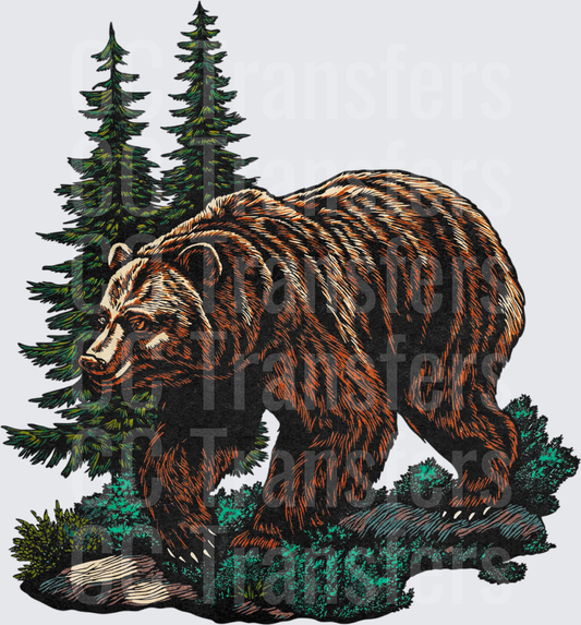 Vintage Woodcut Grizzly Bear Walking Through Pine Forest (DTF)